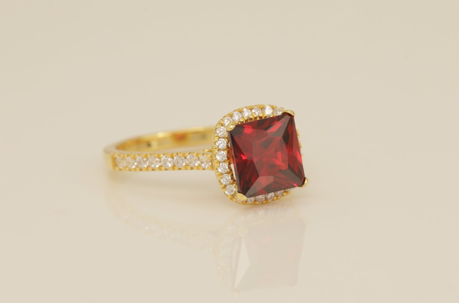 Garnet Engagement Ring, Diamond Halo Garnet Ring, January Birthstone Rings, Anniversary Gift for Her