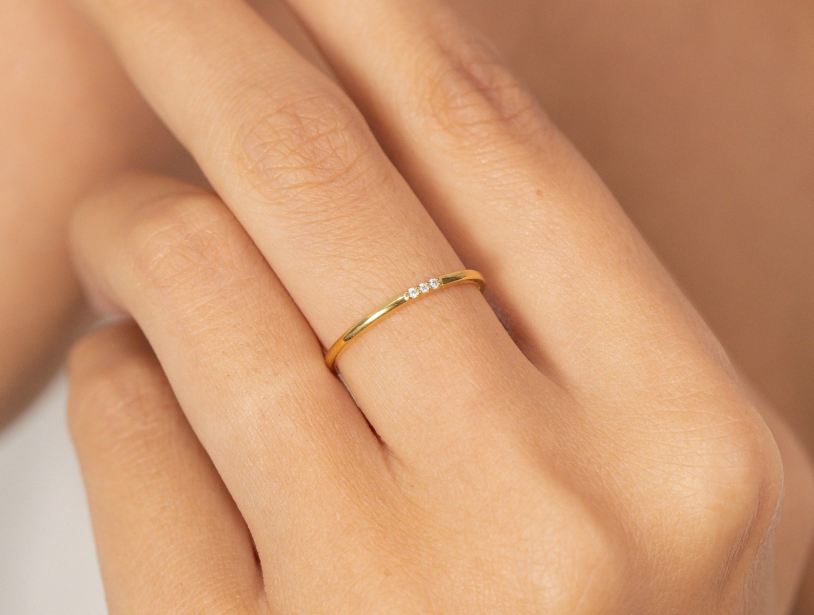 Three Stones Moissanite Ring, Thin Triple Stone Stacking Ring, Minimalist Ring, Promise Ring, Gift for Her