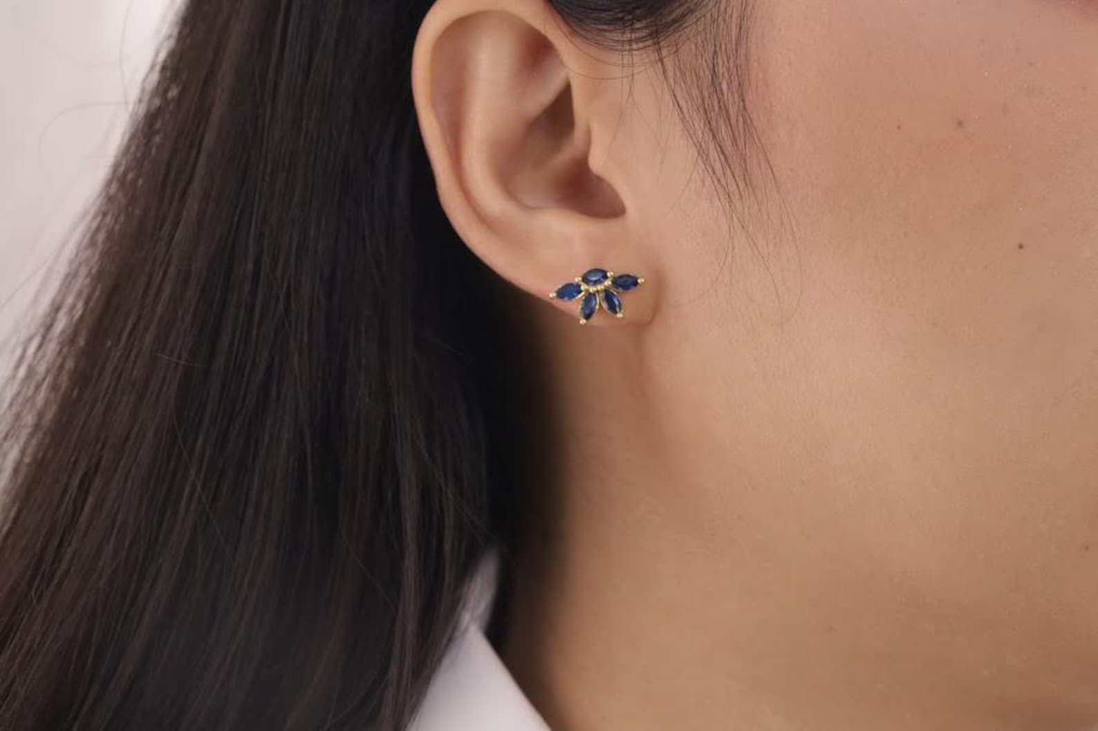 Blue Sapphire Stud Earrings, Marquise Stud Earrings, September Birthstones Earrings, Bridesmaid Gift for Her, Wedding Jewelry