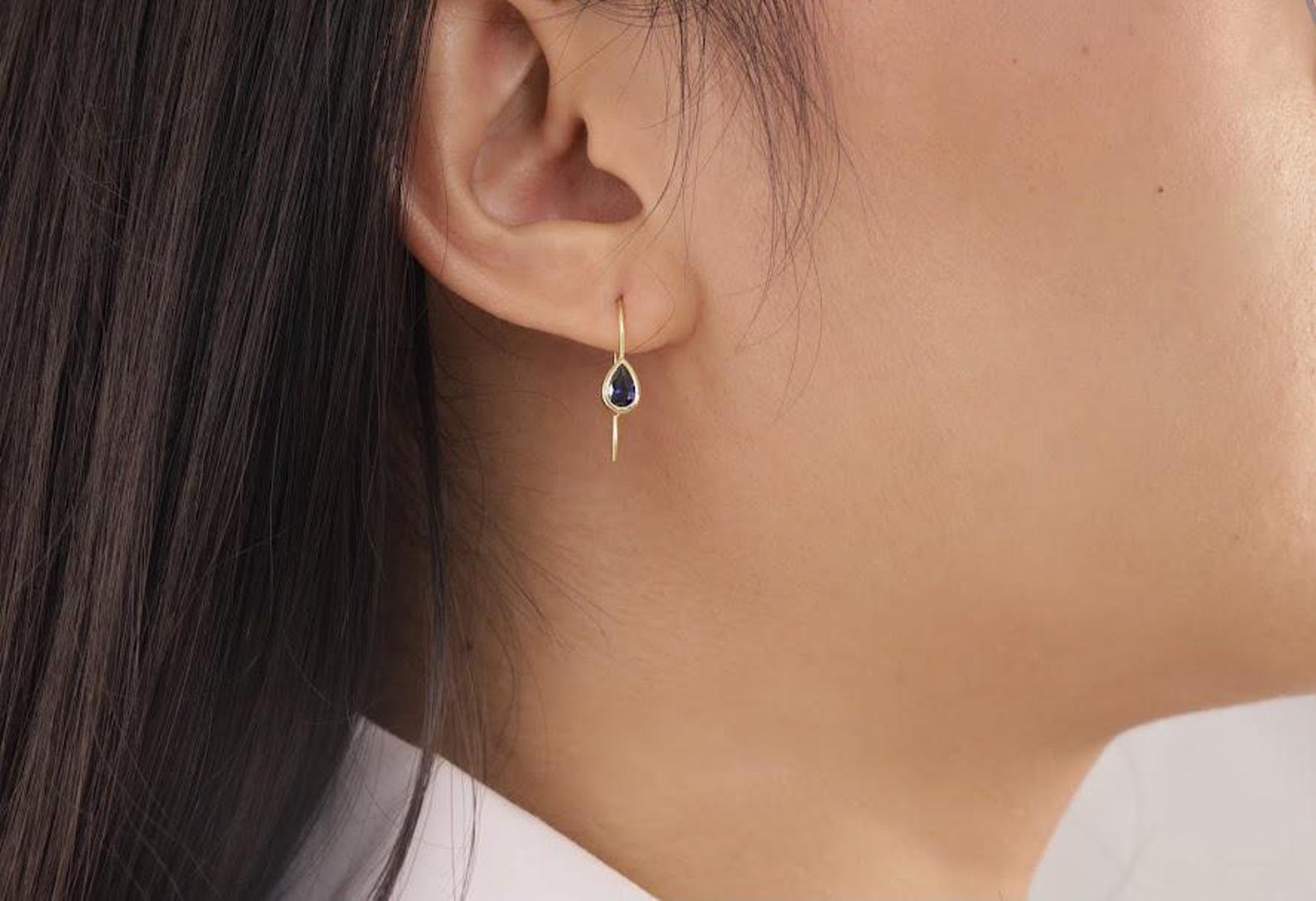 Dangle Drop Blue Sapphire Earrings, Bezel Set Sapphire Earrings, September Birthstones Earrings, Bridesmaid Gift, Wedding Earrings