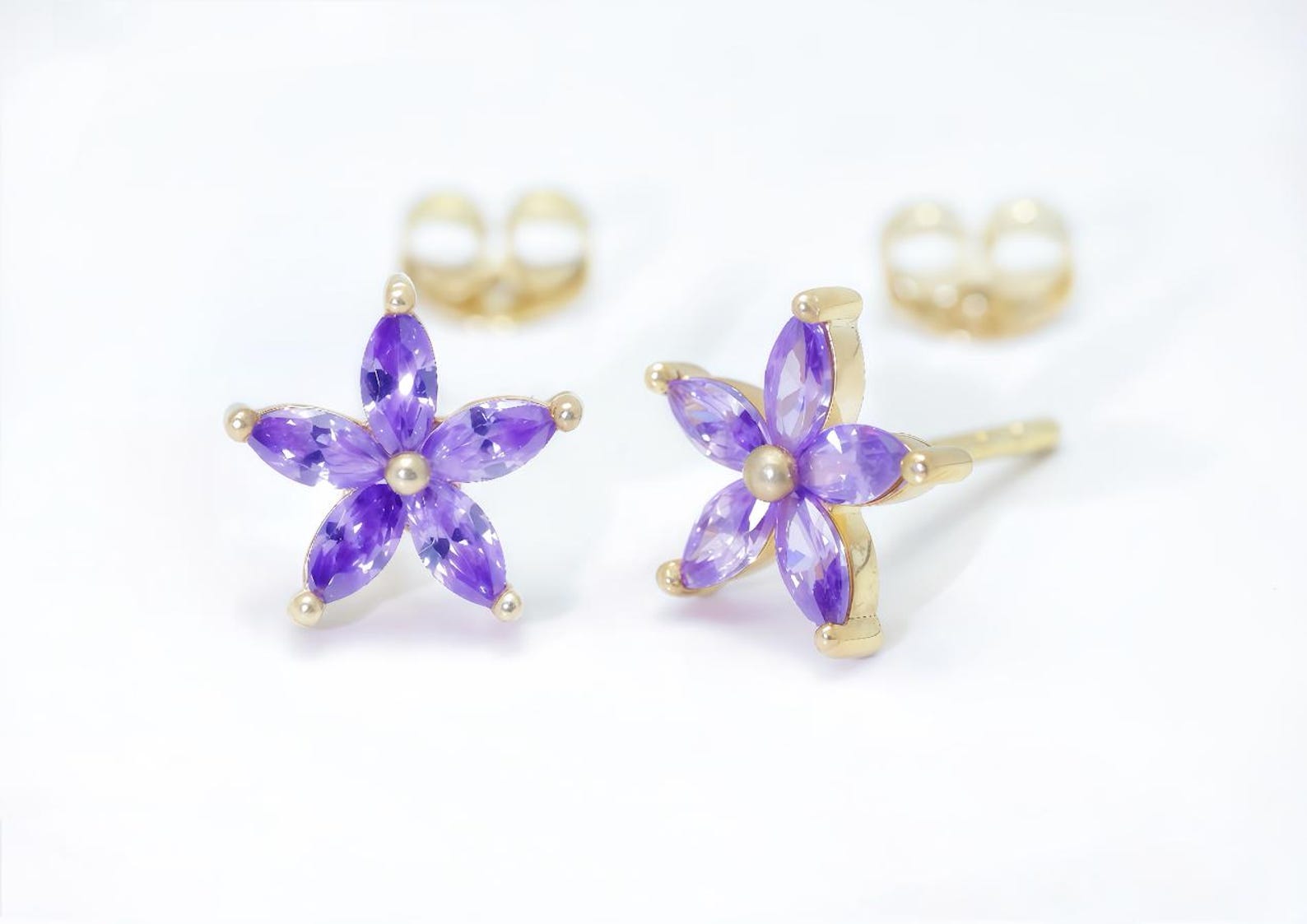 Marquise Cut Amethyst Stud Earrings, February Birthstone Earrings, Five Stone Flower Earrings, Gemstone Earrings
