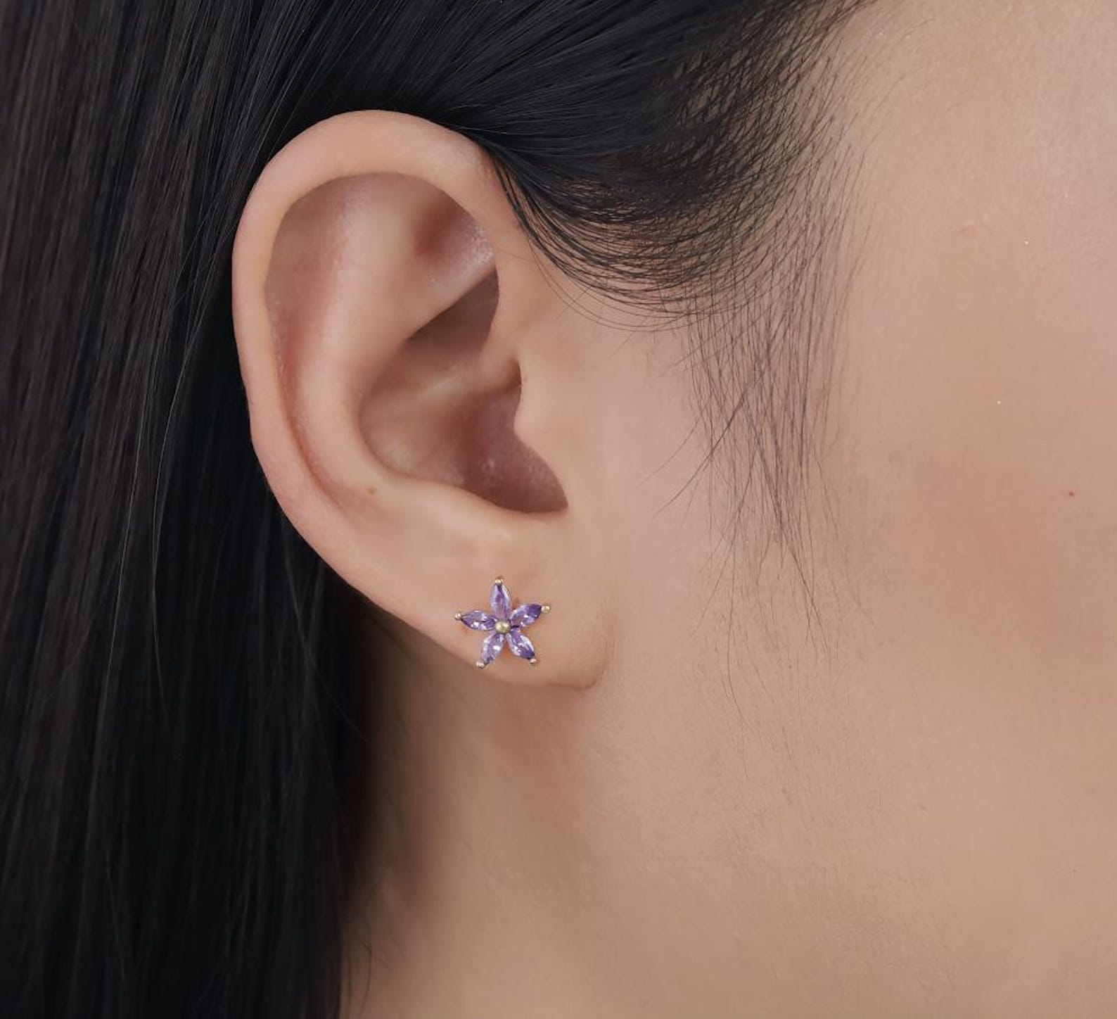Marquise Cut Amethyst Stud Earrings, February Birthstone Earrings, Five Stone Flower Earrings, Gemstone Earrings