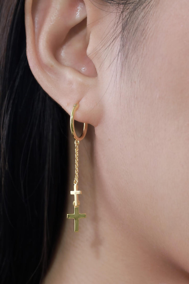 Dangle Drop Cross Hoop Earrings, Religious Earrings Gift for Women, Long Chain Cross Earrings, Huggie Hoop Earrings Gift for Her