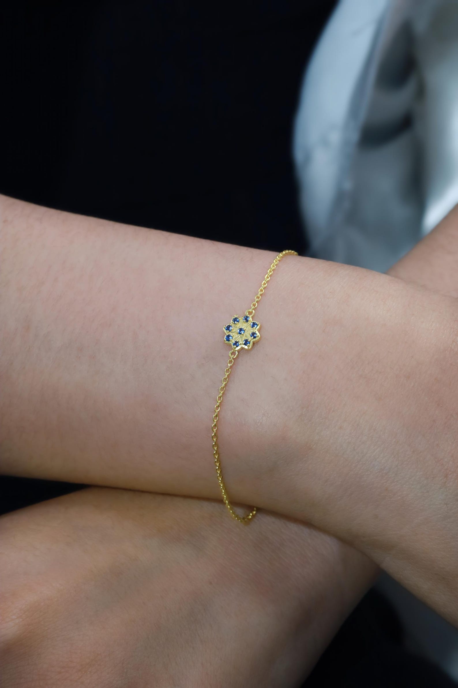 Blue Sapphire Cluster Bracelet, Flower Design Bracelet, September Birthstones, Bridesmaid Gift, Bridal Bracelet Gift for Her