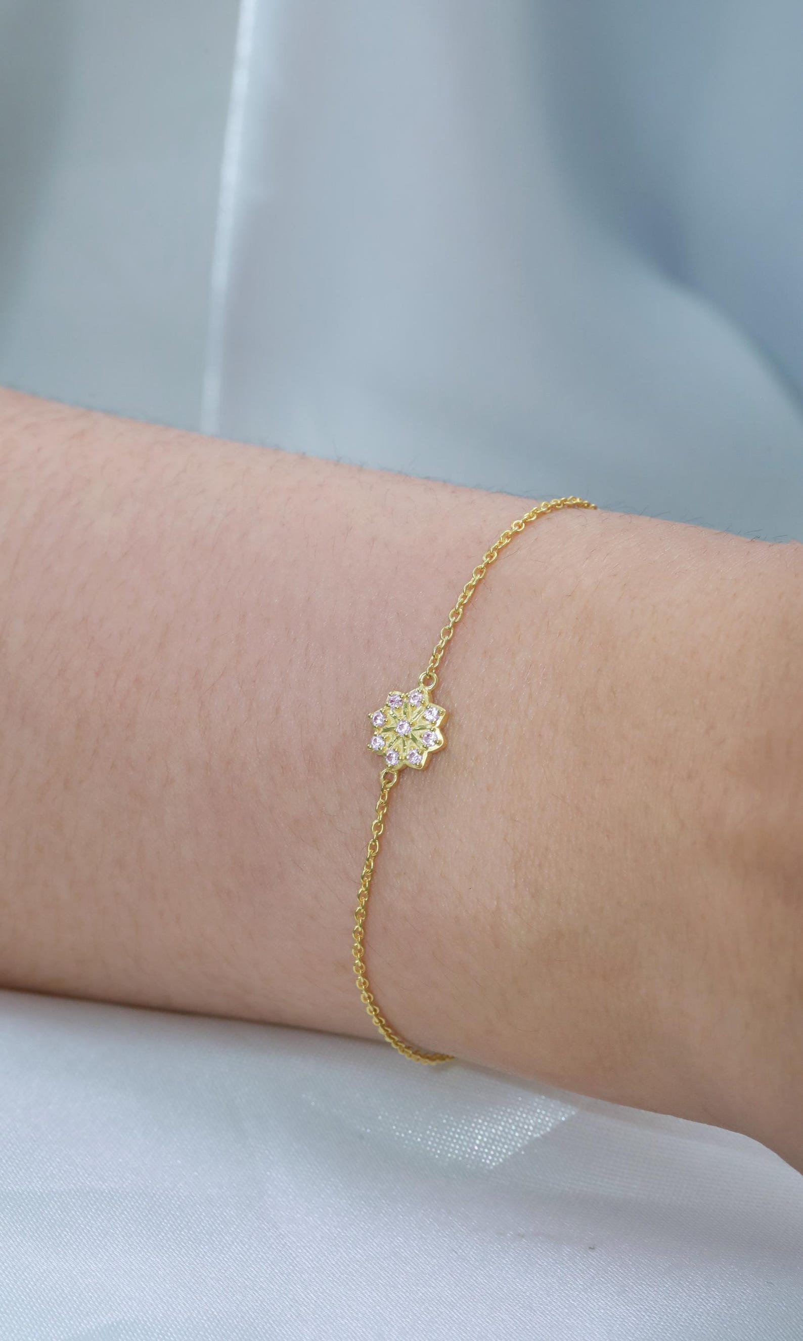 Pink Sapphire Cluster Bracelet, Flower Design Bracelet, September Birthstones, Bridesmaid Gift, Bridal Bracelet Gift for Her