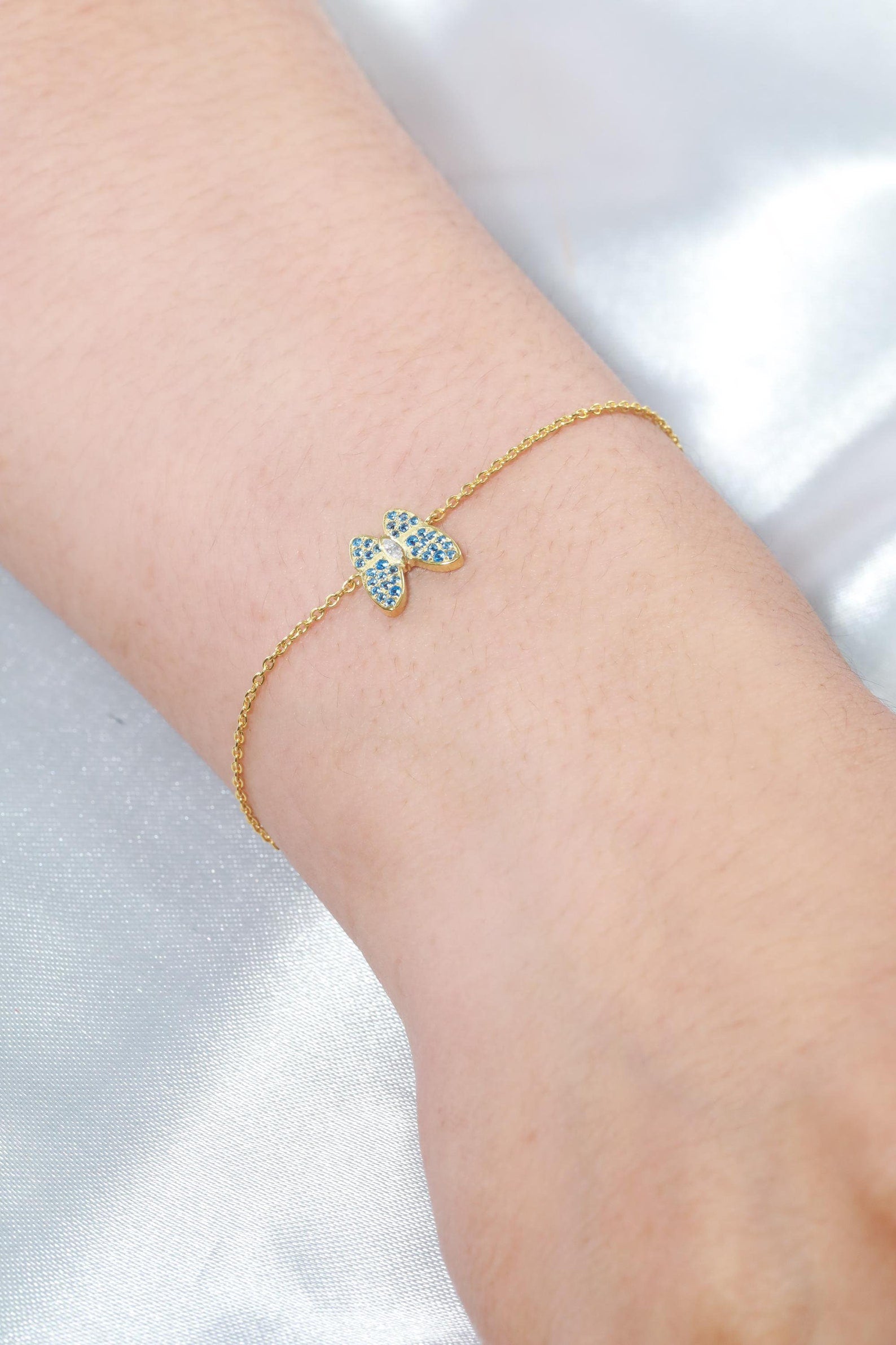Aquamarine Butterfly Bracelet, Dainty Chain Bracelets, March Birthstones Gifts, Bridesmaid Gift, Minimalist Bracelet Gift for Her