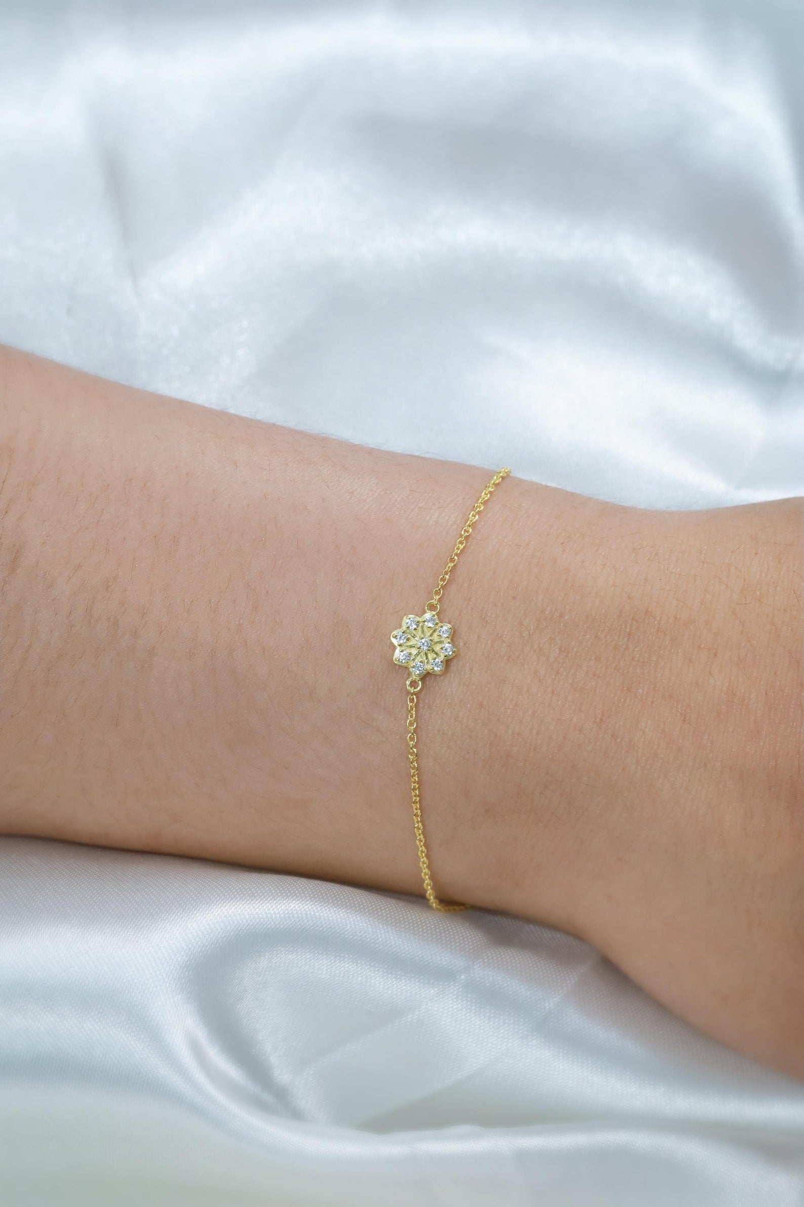 Diamond Cluster Bracelet, Flower Design Bracelet, April Birthstones, Bridesmaid Gift, Bridal Bracelet Gift for Her