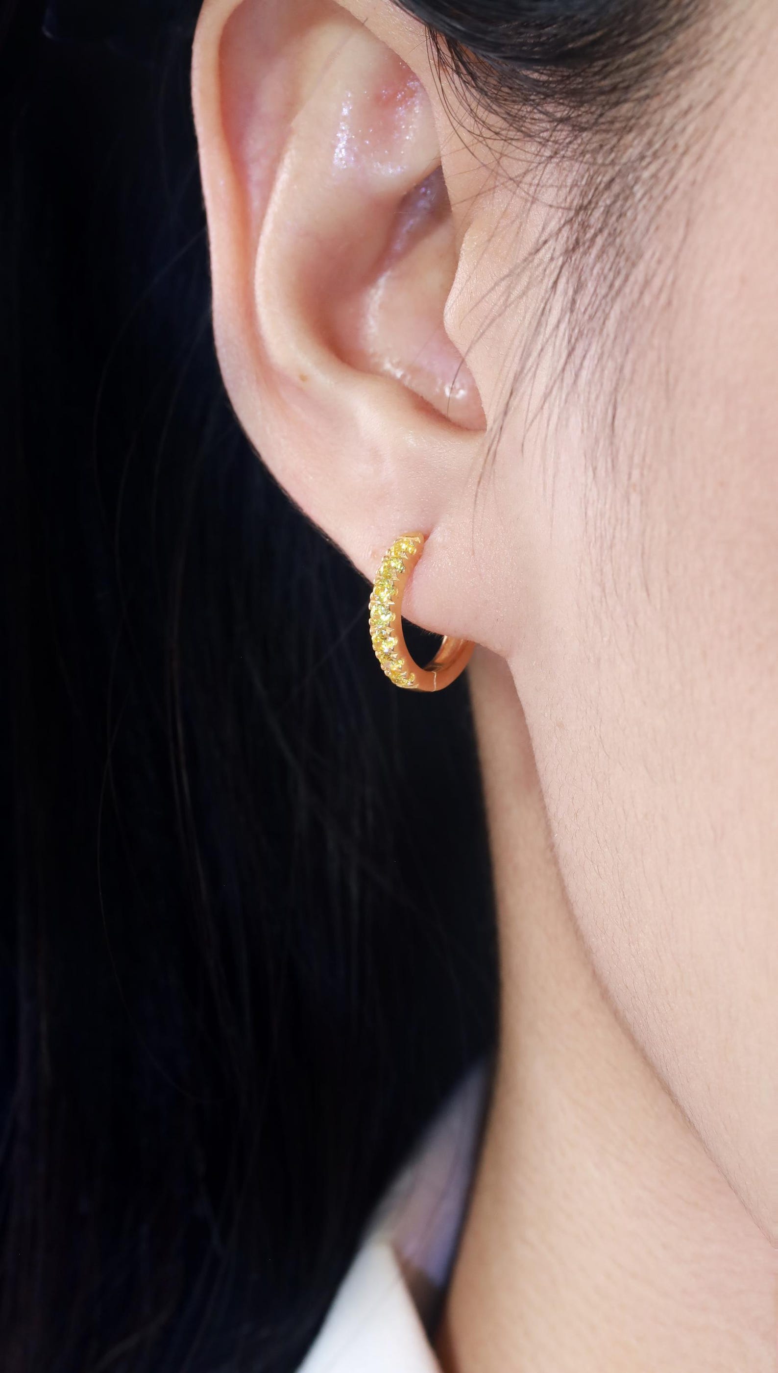 Seven Stones Yellow Sapphire Hoop Earrings, September Birthstone Gifts, Huggie Hoop Earrings, Minimal Hoop Earrings Gift for Women