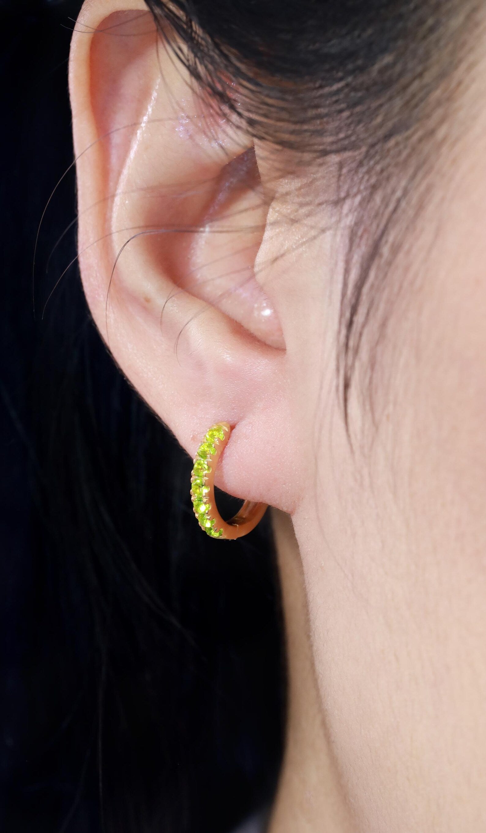 Seven Stones Peridot Hoop Earrings, August Birthstone Gifts, Huggie Hoop Earrings, Minimal Hoop Earrings Gift for Women