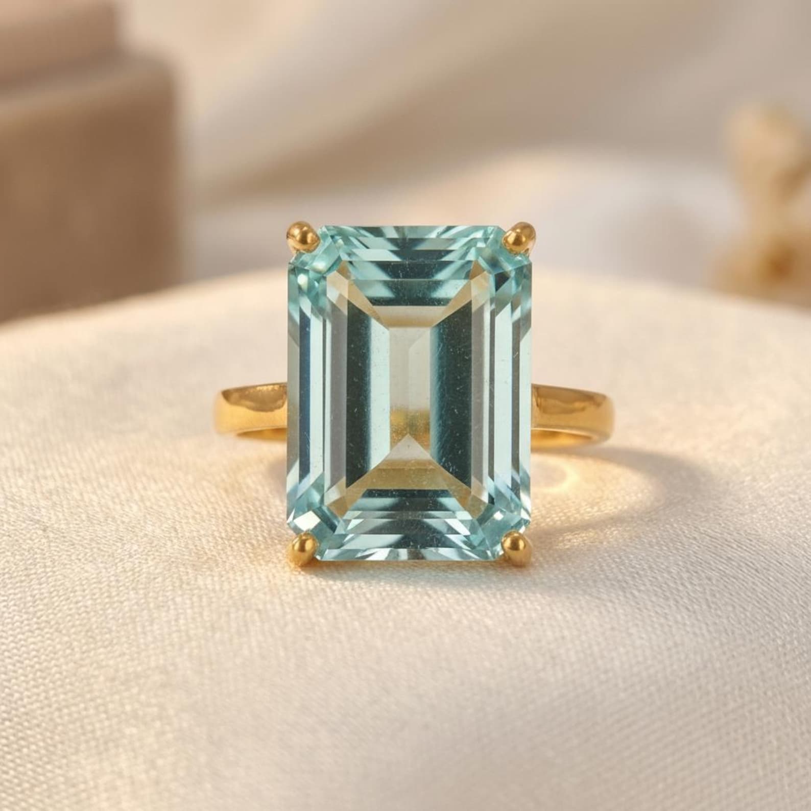 16×12 mm Emerald-Cut Lab-Created Aquamarine Statement Ring — detail 2