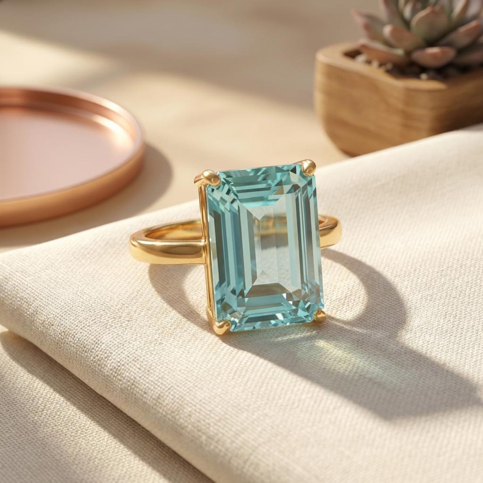 16×12 mm Emerald-Cut Lab-Created Aquamarine Statement Ring — detail 4