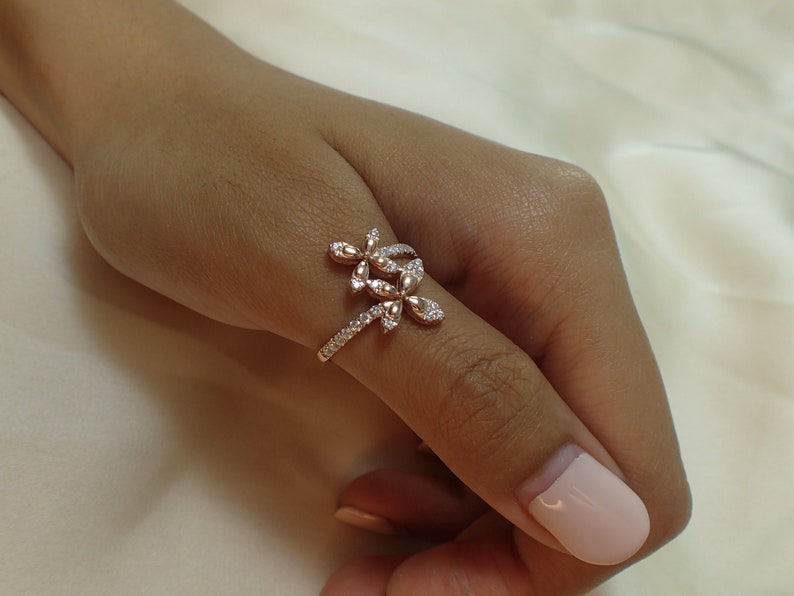 Gold Plated Flower Ring / 925 Sterling Silver Ring / Diamonds Stackable Ring / Open Ring / Cluster Ring