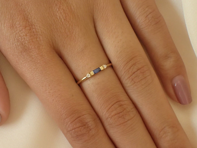 Baguette Sapphire Ring / September Birthstone / Stacking Sapphire and Diamond Ring / Minimalist Ring