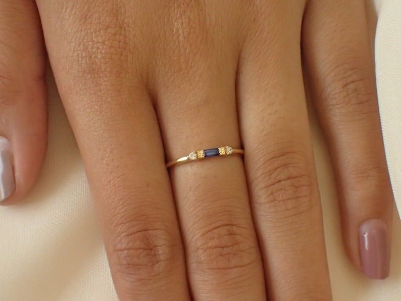 Baguette Sapphire Ring / September Birthstone / Stacking Sapphire and Diamond Ring / Minimalist Ring