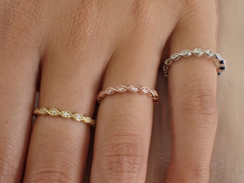 Vintage Inspired Art Deco Band / Dainty Marquise Stackable Band / Diamond Full Eternity Wedding Band