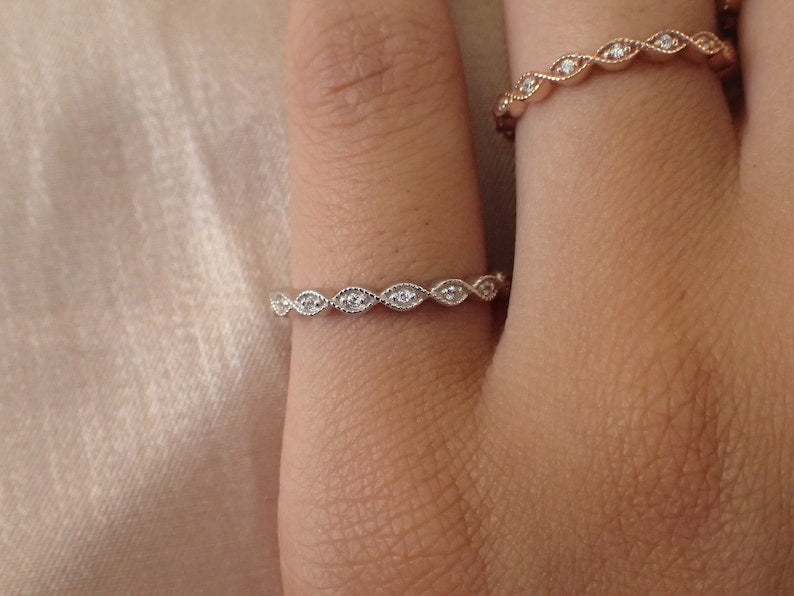 Vintage Inspired Art Deco Band / Dainty Marquise Stackable Band / Diamond Full Eternity Wedding Band