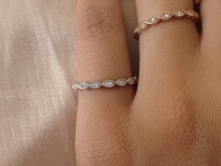 Vintage Inspired Art Deco Band / Dainty Marquise Stackable Band / Diamond Full Eternity Wedding Band