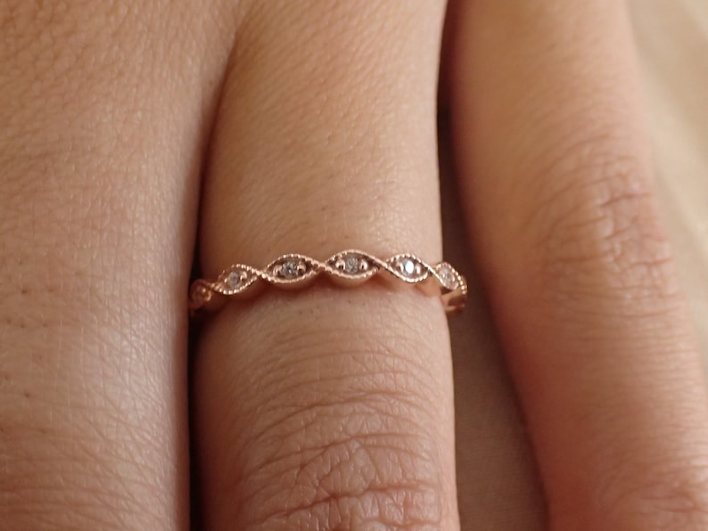 Vintage Inspired Art Deco Band / Dainty Marquise Stackable Band / Diamond Full Eternity Wedding Band