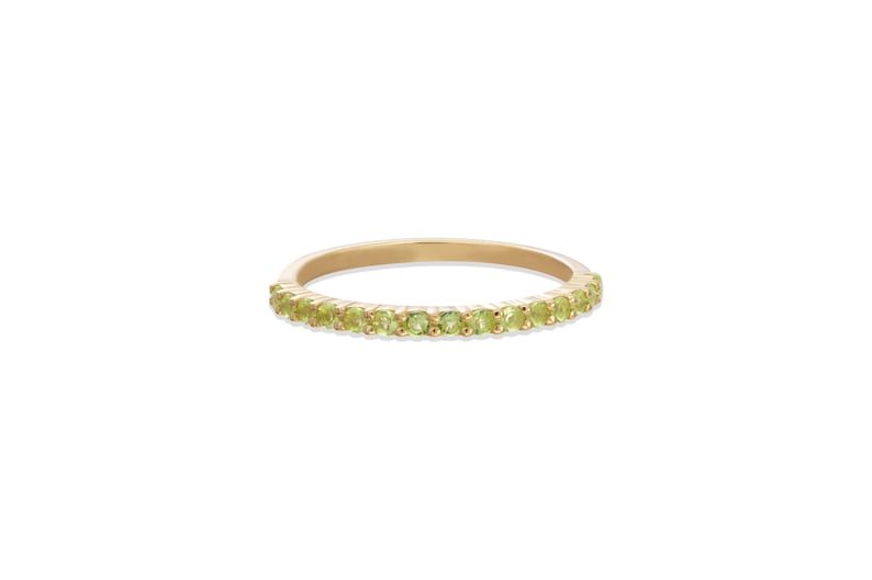 Shared Prong Peridot Wedding Band, August Birthstone Ring, Classic Wedding Ring, Women Wedding Band