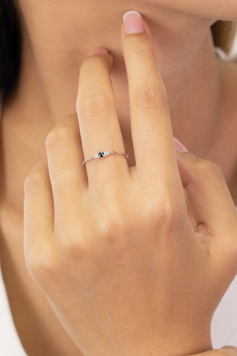 Black Diamond Ring, Prong Set Solitaire Ring, Thin Diamond Wedding Ring, Anniversary Band