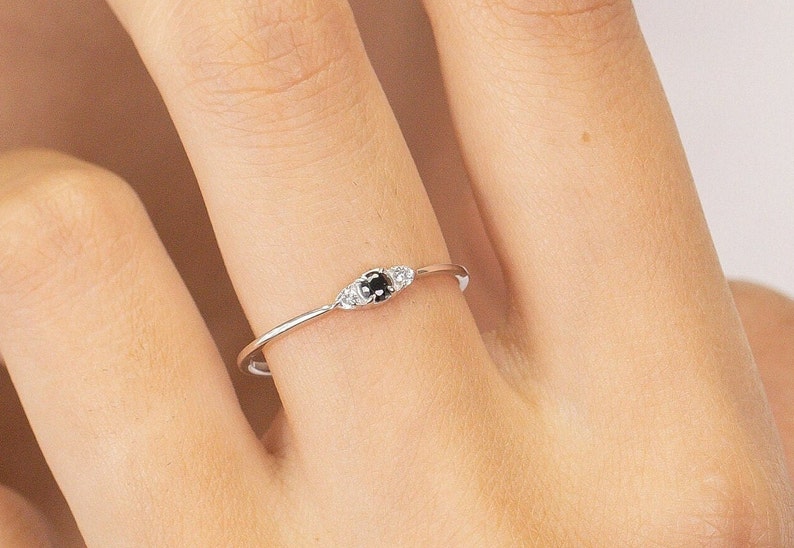 Black Diamond Ring, Prong Set Solitaire Ring, Thin Diamond Wedding Ring, Anniversary Band