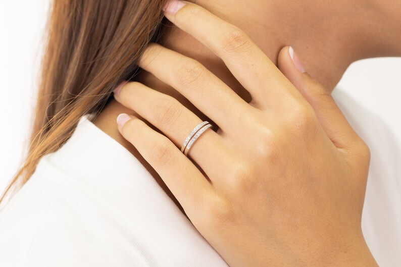 Double Row Diamond Wedding Band, Micro Pave Stacking Band, Matching Band