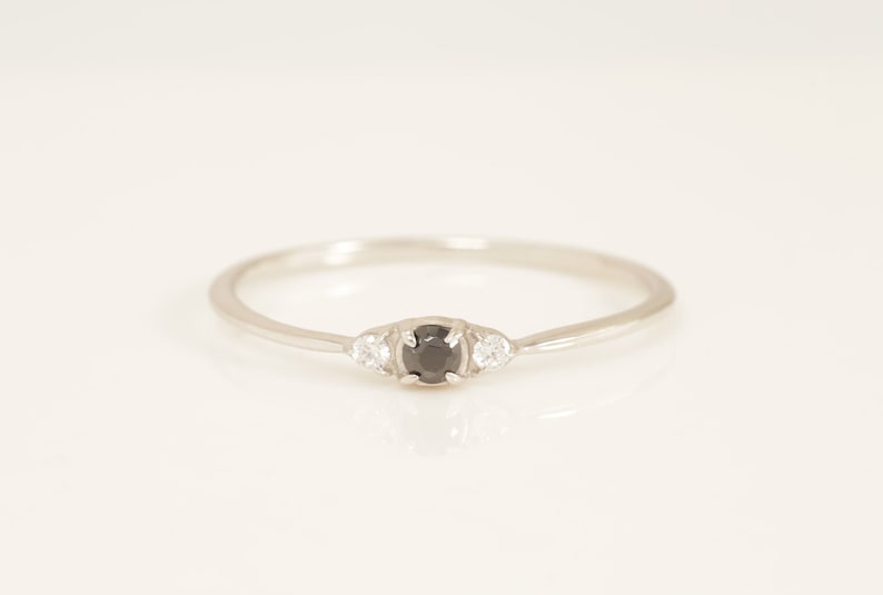 Minimalist Three Stone Black Diamond Ring, Dainty Wedding Band, Vintage Black Diamond Engagement Ring Gift for Her