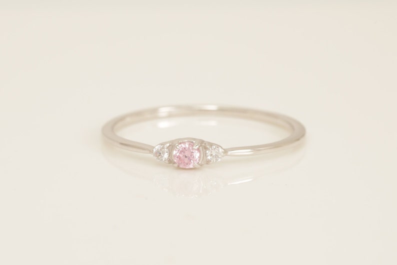 Minimalist Three Stone Pink Sapphire Ring, September Birthstone Ring, Vintage Pink Sapphire Ring, Diamond Engagement Ring