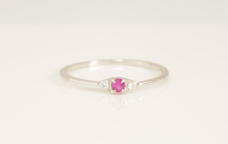 Minimalist Three Stone Ruby Ring, July Birthstones Ring, Dainty Wedding Band, Vintage Ruby Ring, Diamond Engagement Ring