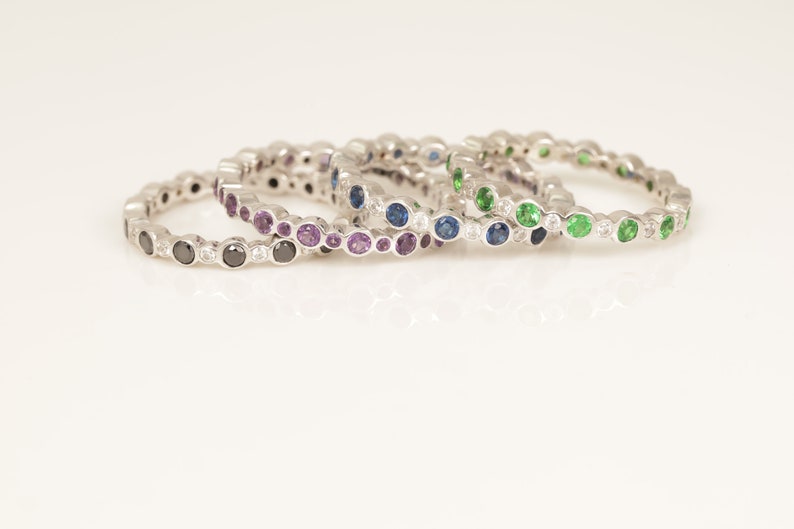Alternating Bezel Set Gemstone Wedding Band, Full Eternity Stackable Band Gift for Her, Gemstone Wedding Ring, Birthstone Band