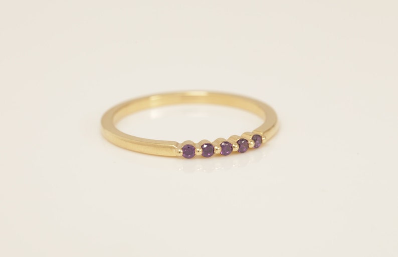 Five Stones Single Prong Amethyst Wedding Band, February Birthstone Ring, Classic Wedding Ring for Women, Dainty Stacking Ring