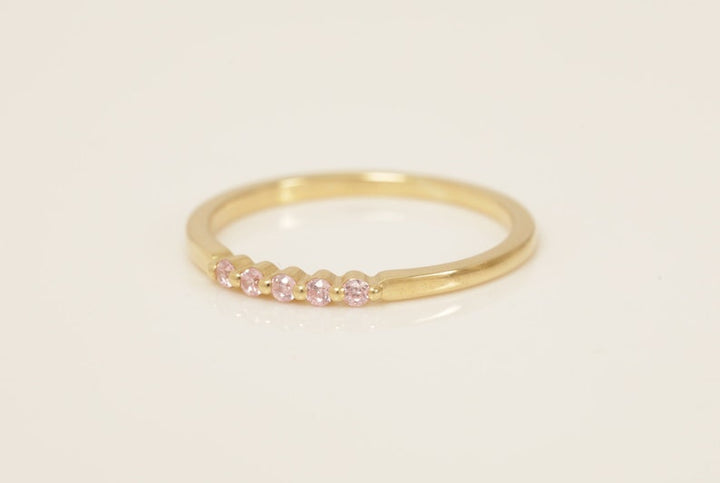 Five Stones Pink Sapphire Wedding Band, September Birthstone Ring, Single Prong Wedding Ring, Dainty Stacking Ring, Minimalist Band