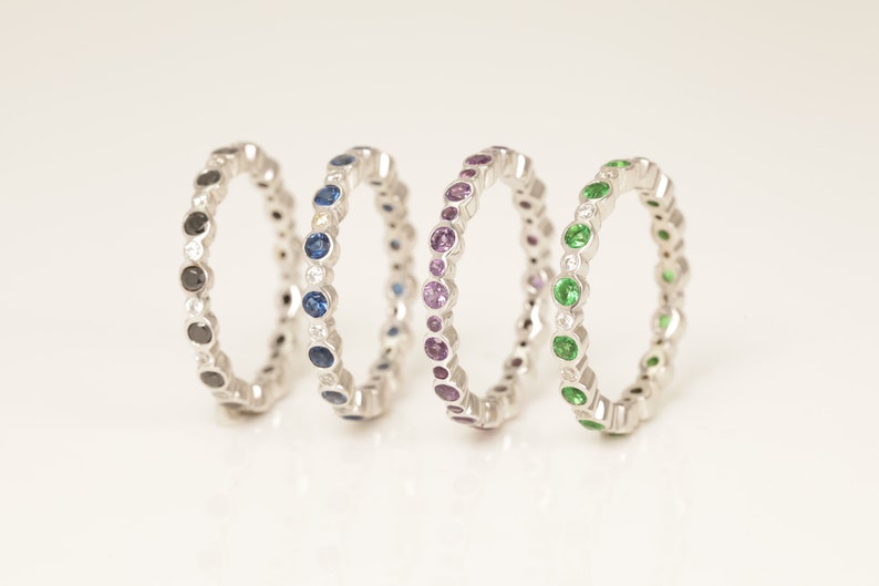 Alternating Bezel Set Gemstone Wedding Band, Full Eternity Stackable Band Gift for Her, Gemstone Wedding Ring, Birthstone Band