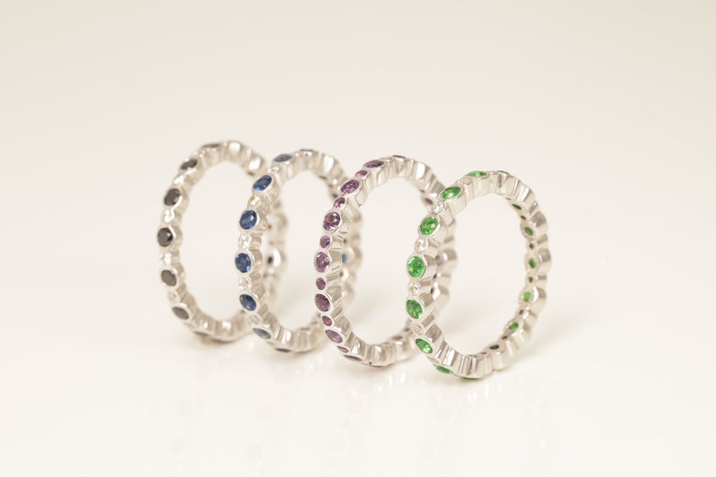 Alternating Bezel Set Gemstone Wedding Band, Full Eternity Stackable Band Gift for Her, Gemstone Wedding Ring, Birthstone Band