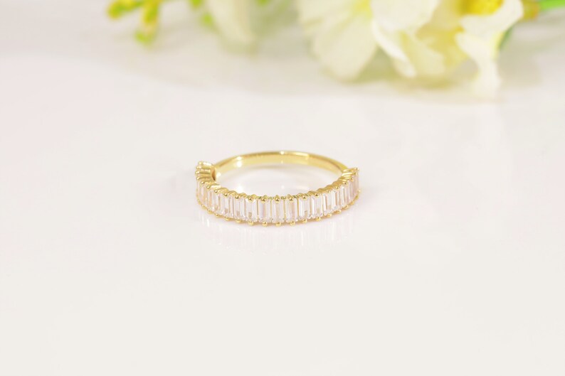 Baguette Diamond Wedding Band, 14K Solid Gold Diamond Stackable Ring, Half Eternity Ring, Dainty Baguette Diamond Ring