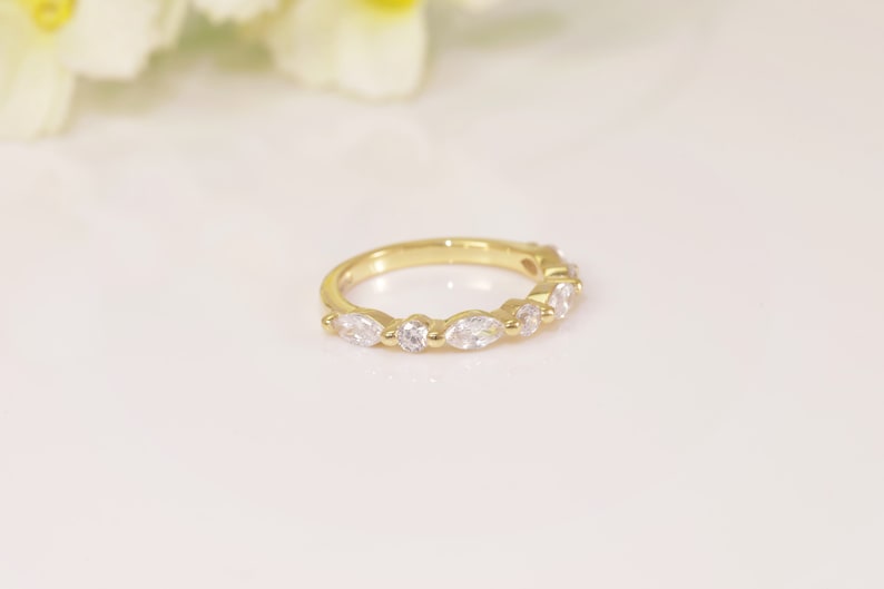 Art Deco Diamond Wedding Band, Marquise Cut Vintage Wedding Band, Half Eternity Stacking Ring, Marquise Ring