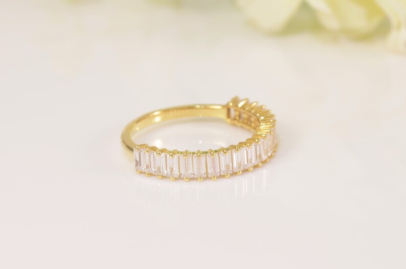 Baguette Diamond Wedding Band, 14K Solid Gold Diamond Stackable Ring, Half Eternity Ring, Dainty Baguette Diamond Ring