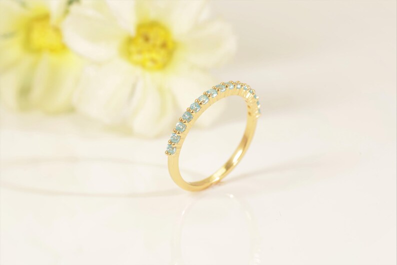 Shared Prong Aquamarine Wedding Band, March Birthstone Ring, Classic Wedding Ring, Women Wedding Band, Gift for Her