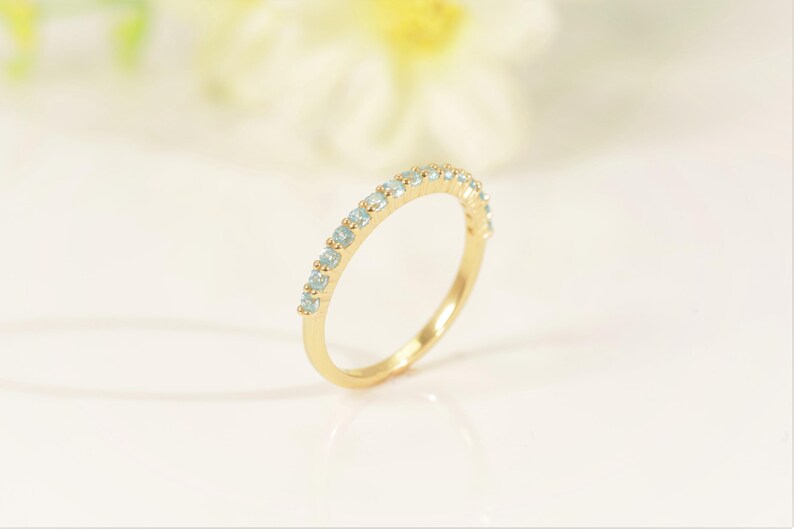 Shared Prong Aquamarine Wedding Band, March Birthstone Ring, Classic Wedding Ring, Women Wedding Band, Gift for Her