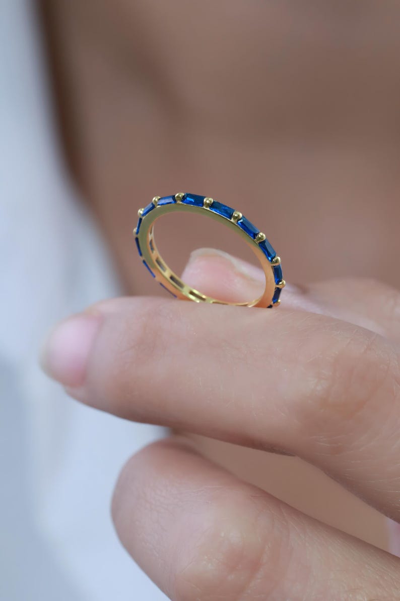 Baguette Blue Sapphire Wedding Ring, September Birthstone Ring, Full Eternity Baguette Sapphire Ring, Vintage Promise Ring Gift for Her