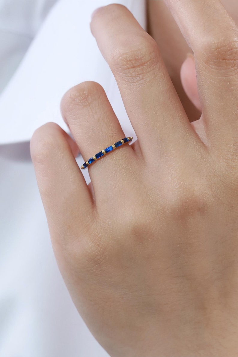 Baguette Blue Sapphire Wedding Ring, September Birthstone Ring, Full Eternity Baguette Sapphire Ring, Vintage Promise Ring Gift for Her