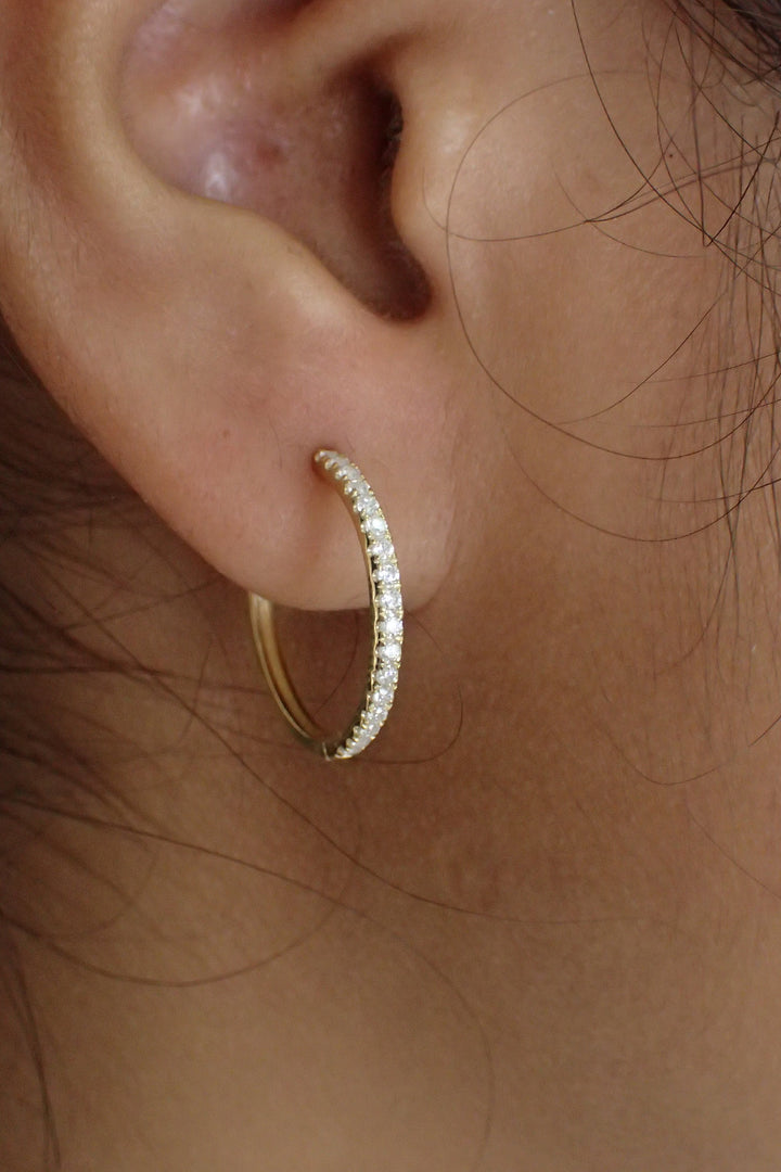 Diamond Hoop Earrings, Minimalist Diamond Earrings, 18mm Gold Earring Gift for Mom or Sweetheart