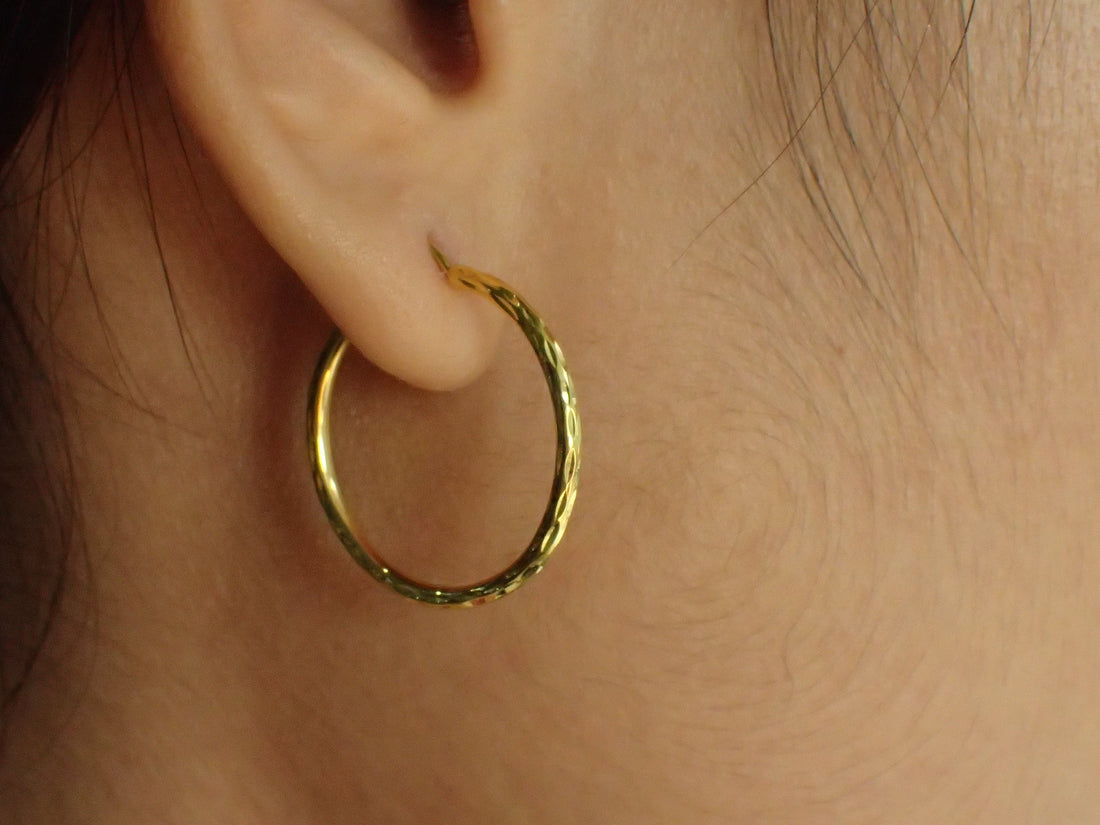 Hand Carved Minimalist Hoop Earring / 20m Gold Plated Hoop Earrings / Sterling Silver Hoop / Earrings Gift for Her