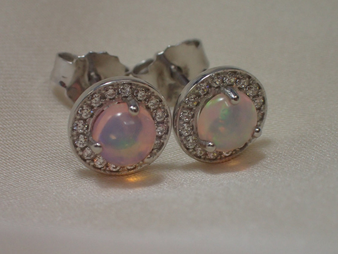 Opal Halo Earrings / Diamonds Earrings / Opal Stud Earrings / October Birthstone / Brilliant Round Diamond Earrings