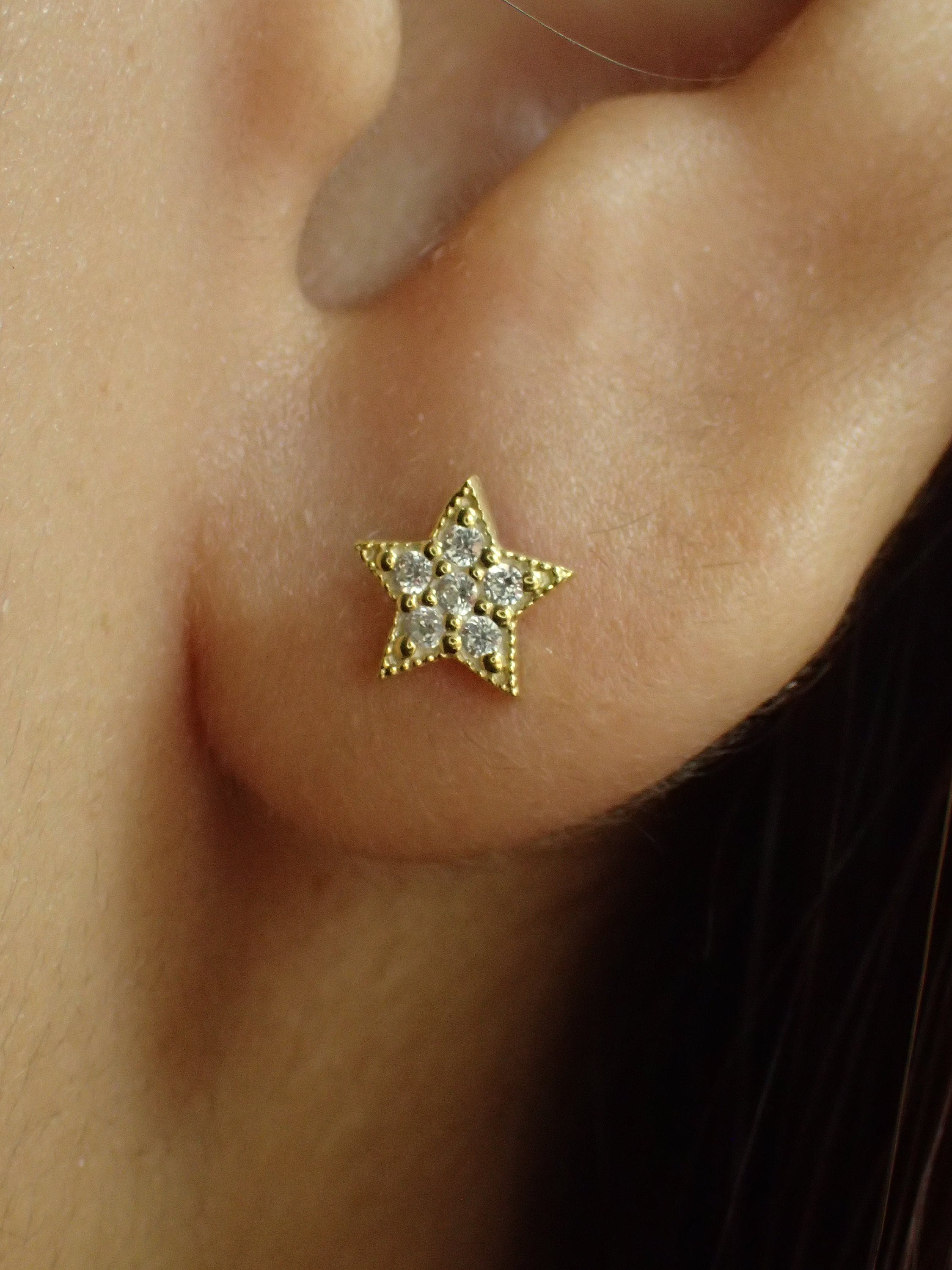 Diamond Star Stud Earrings, 18K Gold Plated Celestial Earrings, Dainty Minimalist Star Jewelry, Birthday Gift for Her