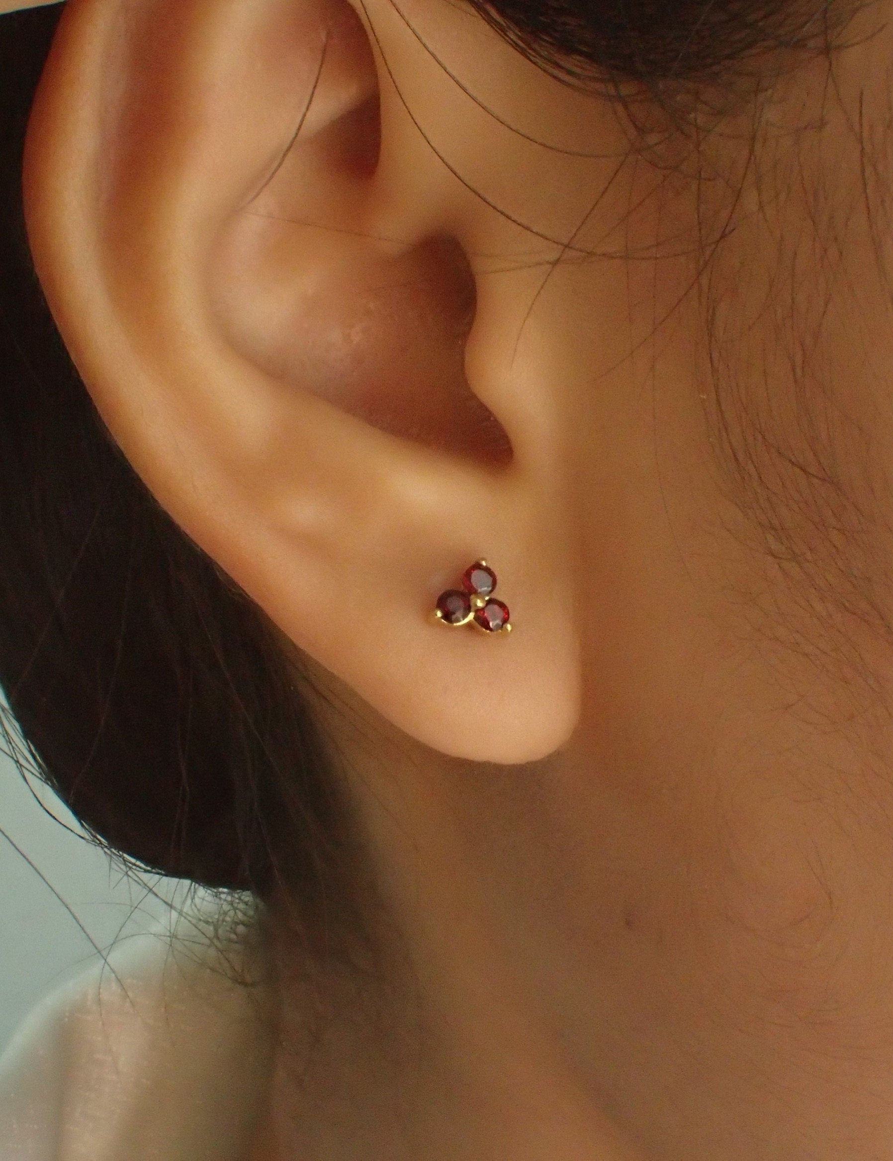 Garnet Earrings / Trio Stud Earrings / January Birthstone / Three Stone Earrings / Birthstone Studs