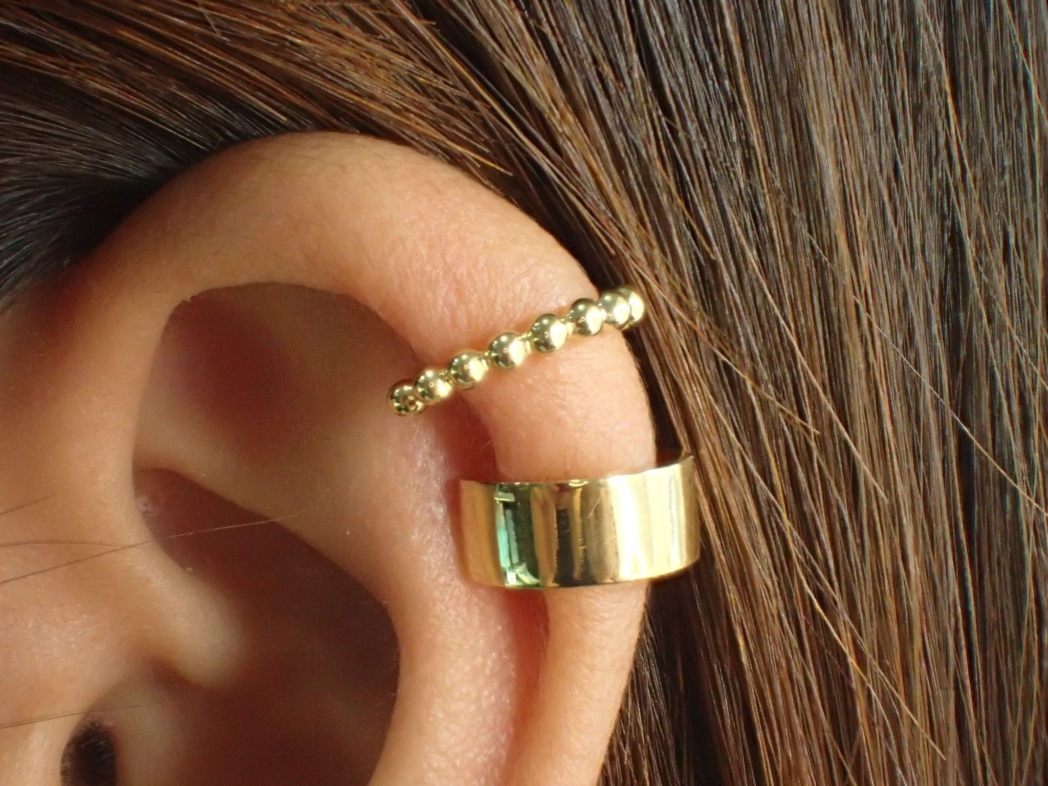 Ear Cuff Earrings / Tiny Beaded Huggie Hoop Earrings / Cartilage Ear Cuff / Gold Plated beaded hoops