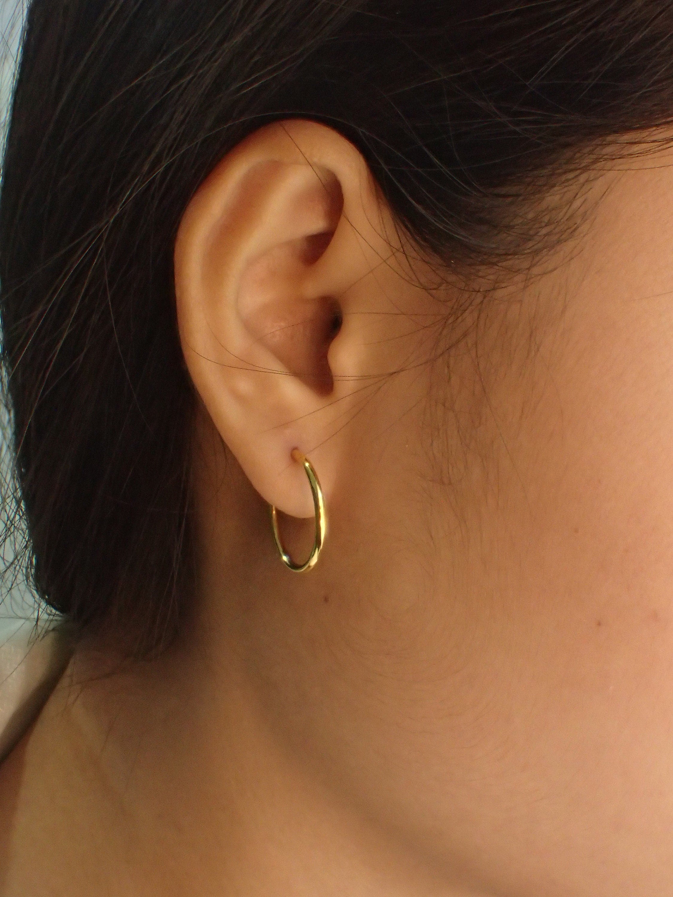 14k Solid Gold Hoop Earrings / 15MM Thin Endless Hoops / Minimalist Earring / Bridal Earring Gift for Her / Holiday Gift for Her