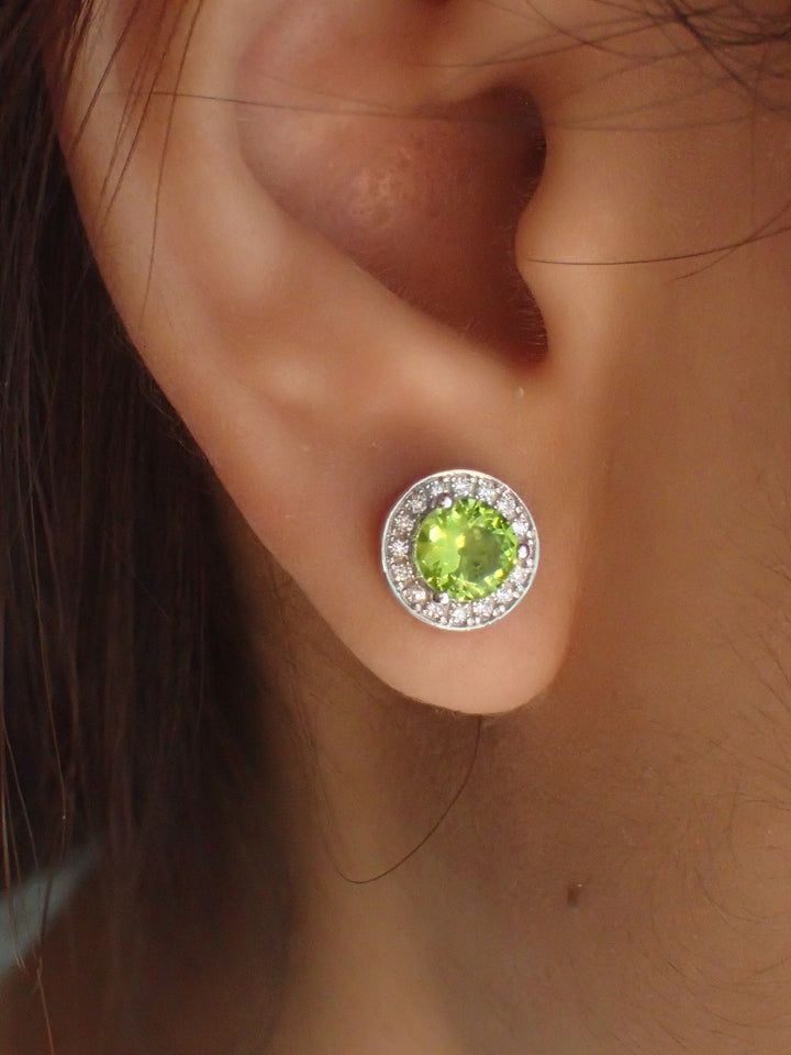 Peridot Halo Stud Earrings / Brilliant Round Diamond Earrings / Everyday Earring / August Birthstone Gift / Classic Earrings