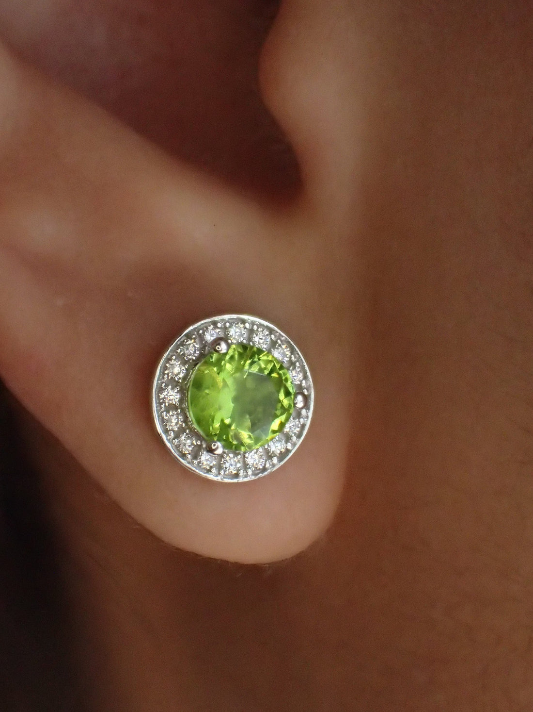 Peridot Halo Stud Earrings / Brilliant Round Diamond Earrings / Everyday Earring / August Birthstone Gift / Classic Earrings